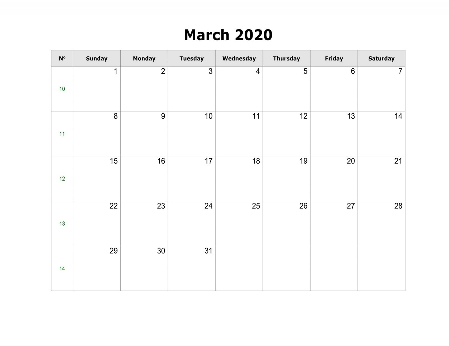 Blank Calendar March 2020 Editable Printable PDF Printable Blank