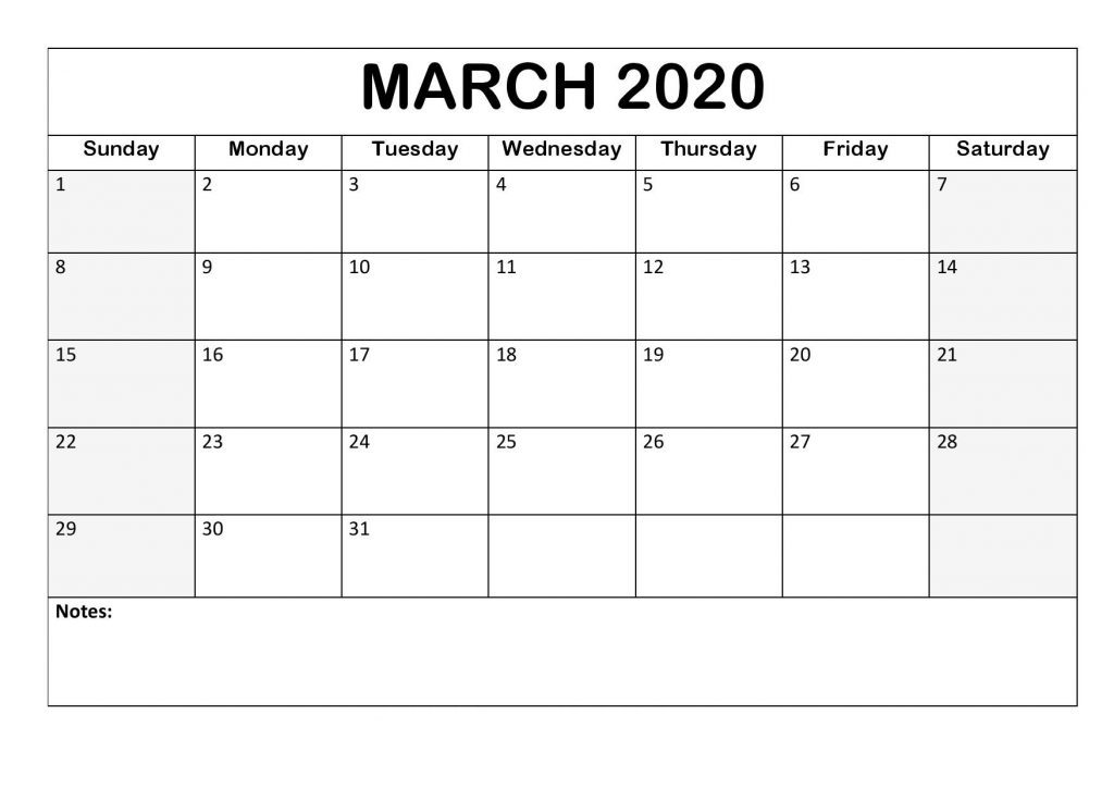 Printable Calendar March 2020 Editable Landscape PDF - Printable Blank ...