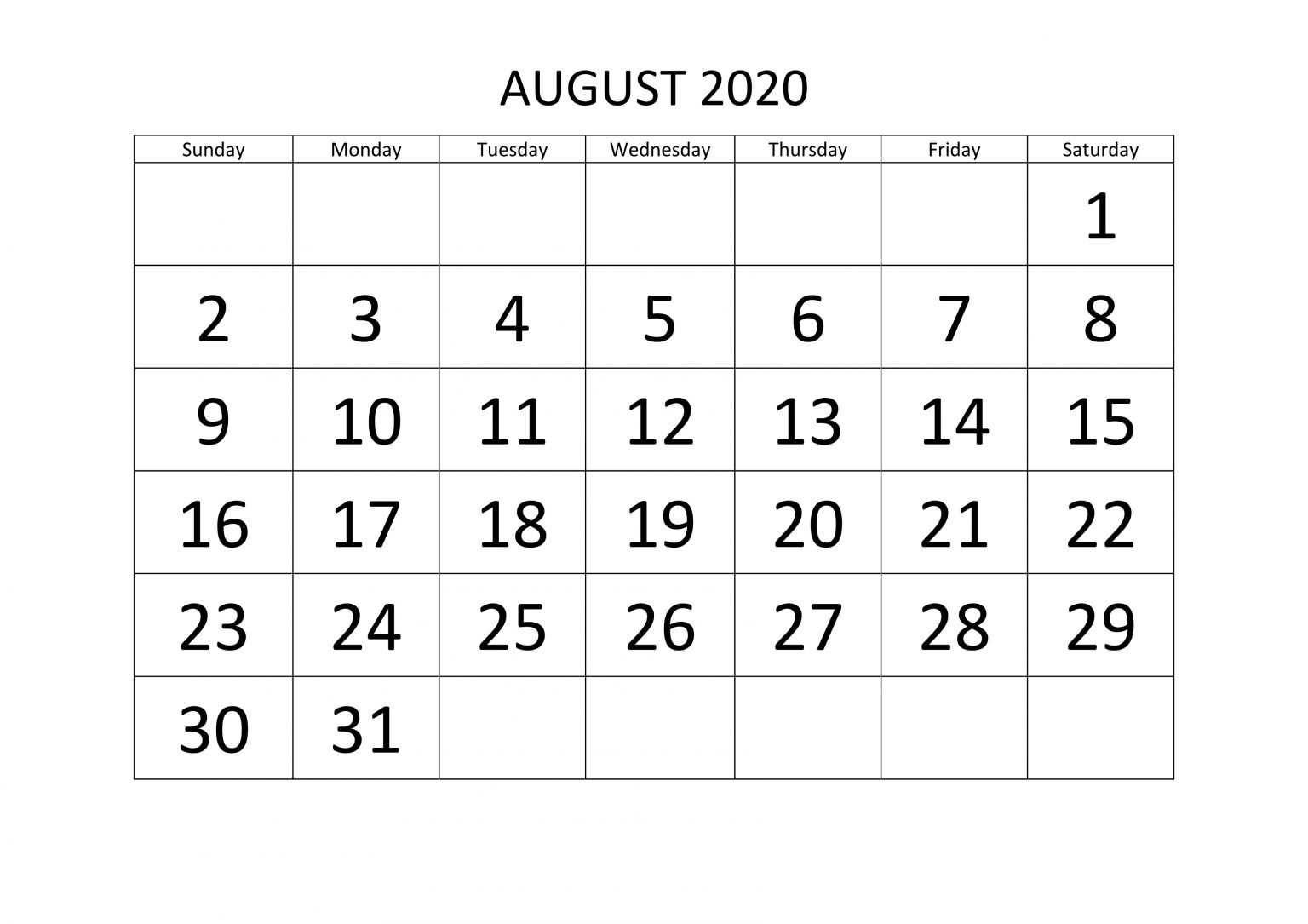 August 2020 Calendar Blank Printable - Printable Blank Calendar Template