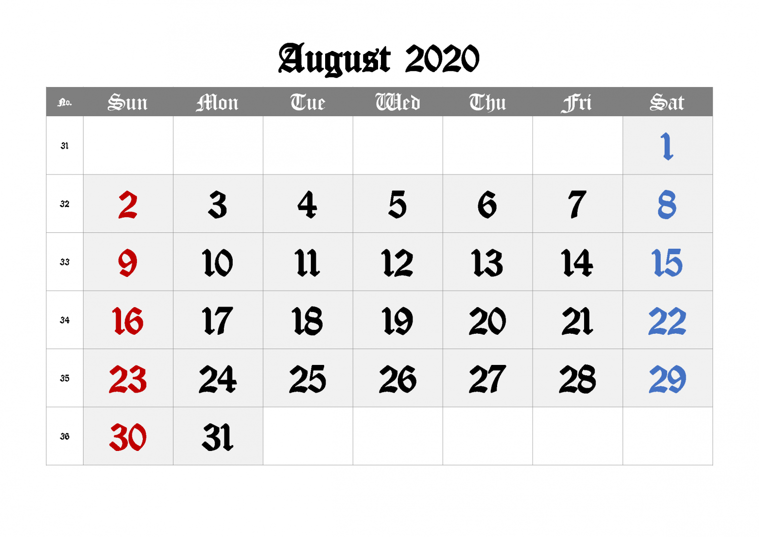 August 2020 Calendar With Holidays UK Canada - Printable Blank Calendar