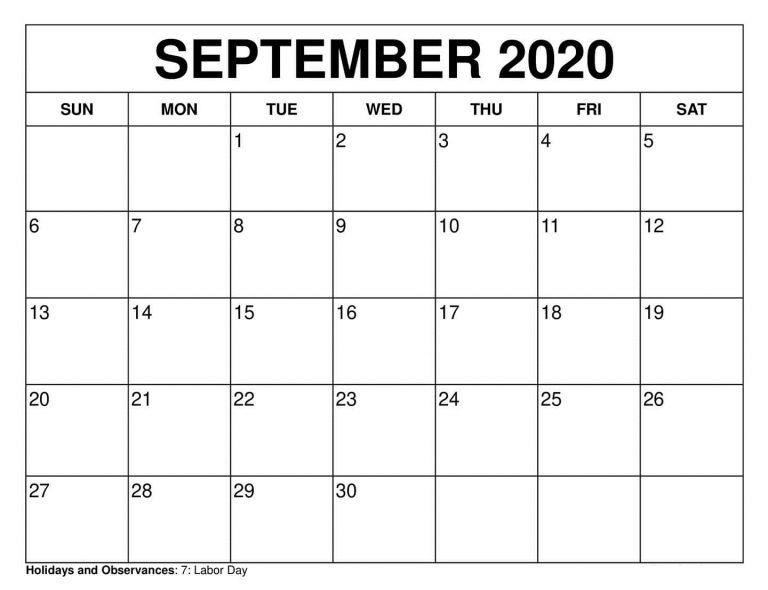 Calendar for September 2020 Printable Printable Blank Calendar Template