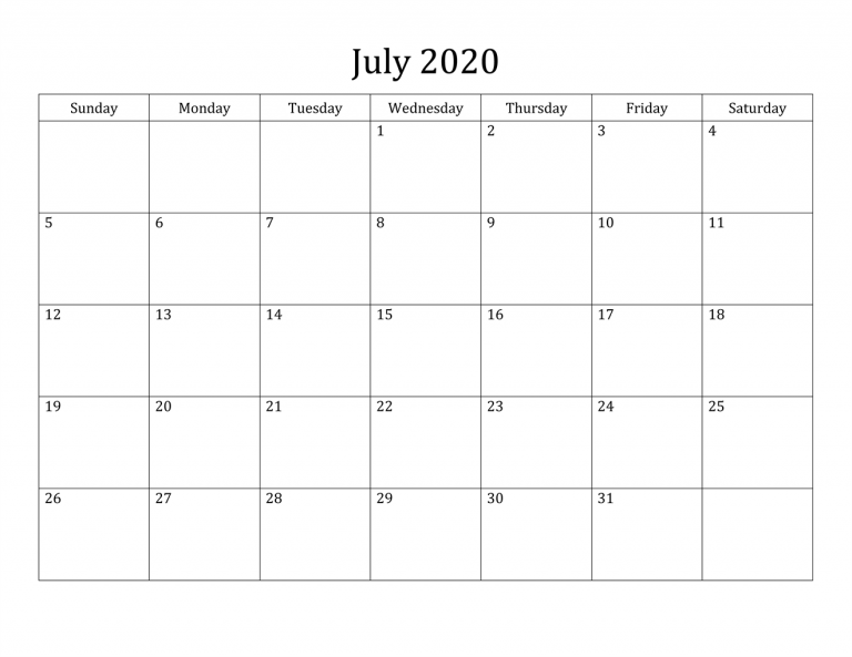 Free Printable July 2020 Calendar - Wishes Images