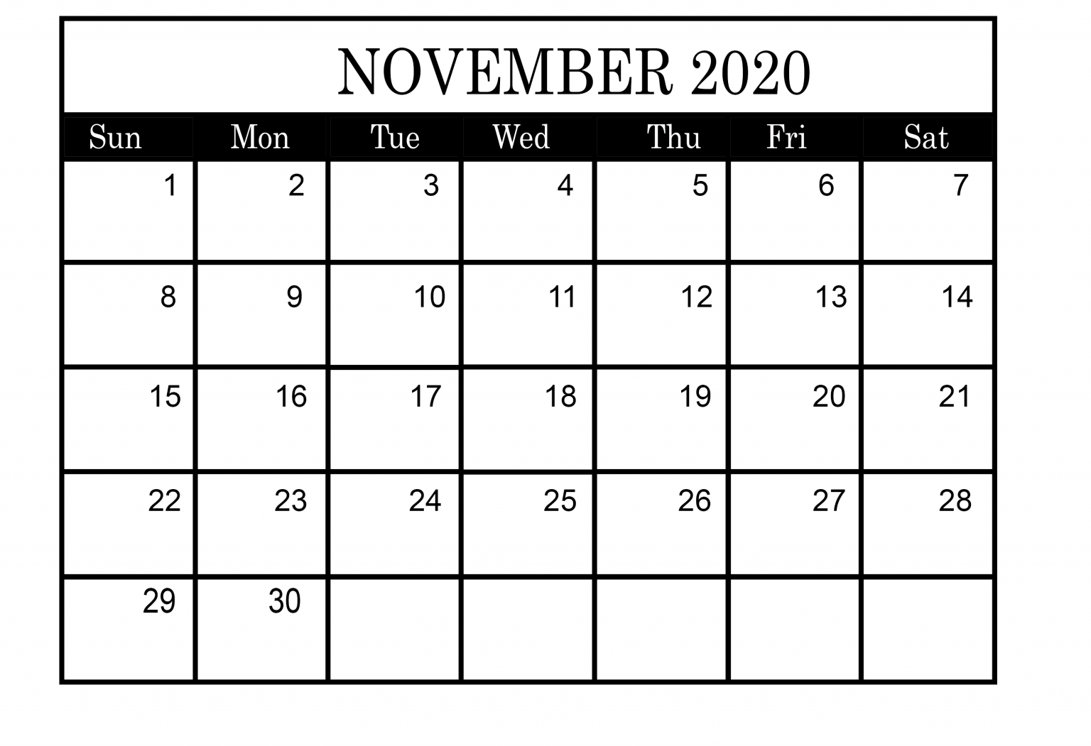 November 2020 Blank Calendar Printable Word Template Printable Blank