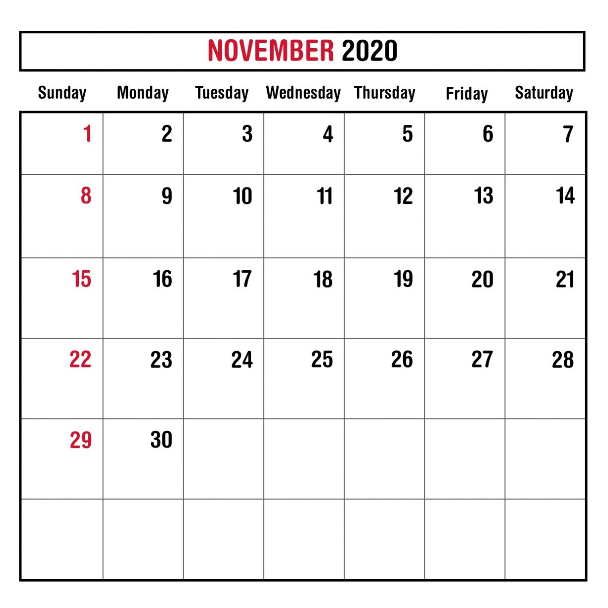 November 2020 Calendar Printable PDF Pinterest Pages - Printable Blank ...