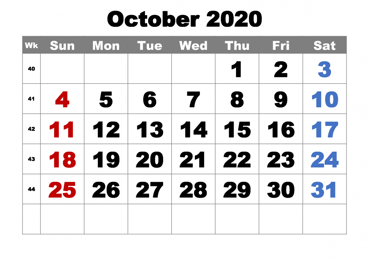 Free Blank October Holidays 2020 Calendar Template - Wishes Images