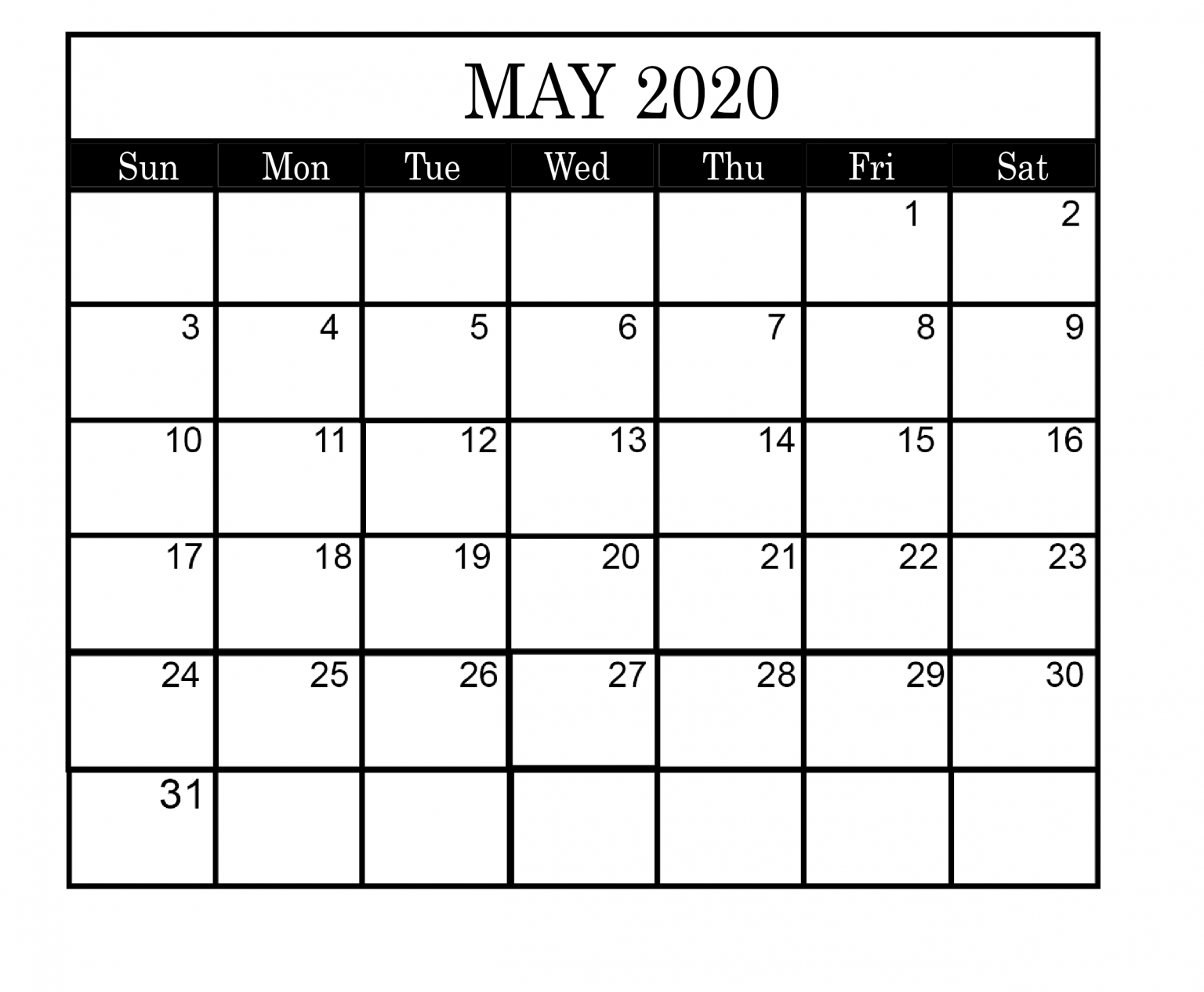 Printable Calendar May 2020 Monthly Blank Template - Printable Blank