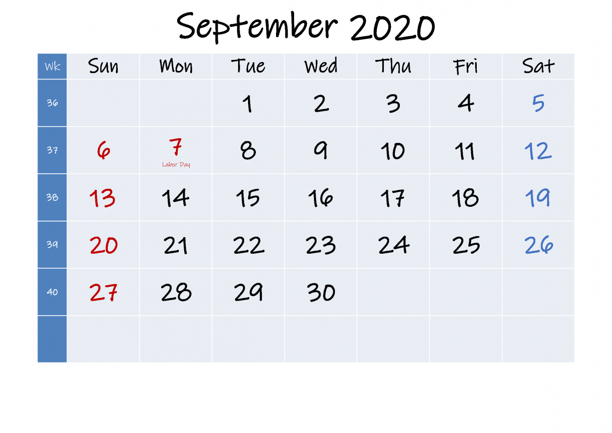 September 2020 Calendar With Festivals and Holidays Printable Blank