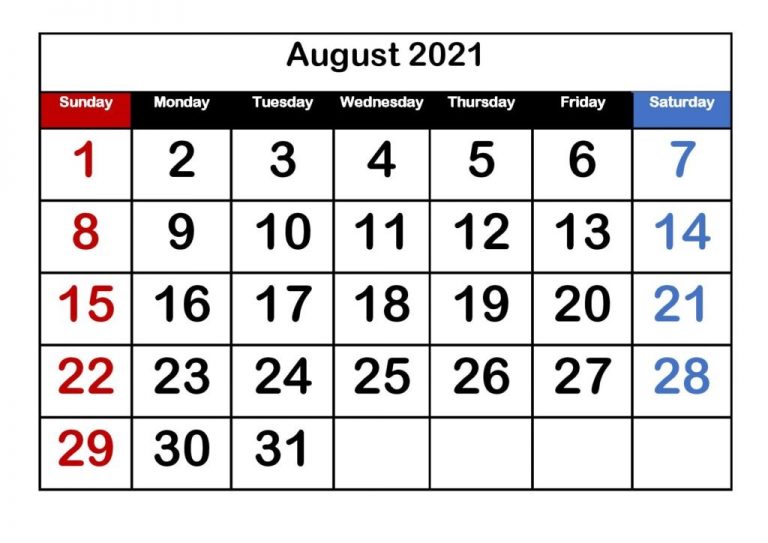 August 2021 Calendar With Holidays Free USA Canada Australia - Wishes ...